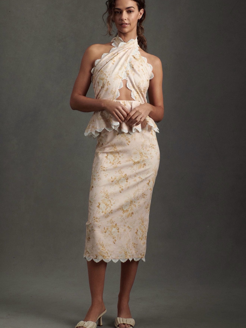 V. Chapman Daisy Twister Halter Midi Dress | Size 6 | Color Marigold Bouquet